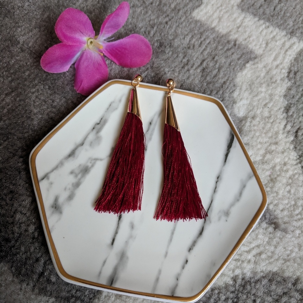 NWOT Deep Red Long Tassel Earrings